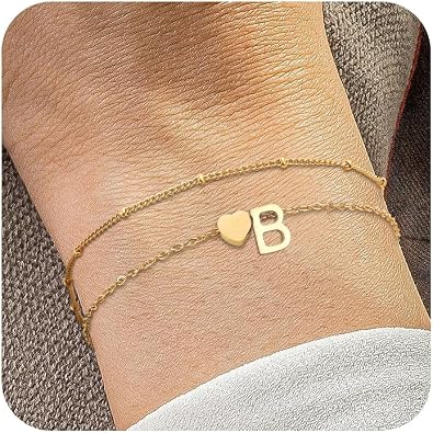 2PCS 6.6"+ 2" Extension 14K Silver Gold Plated A-Z Heart Initial Bracelet for Women Personalized Stainless Steel Hypoallergenic Letter Bracelet Favorite Birthday Christmas Gift for Women