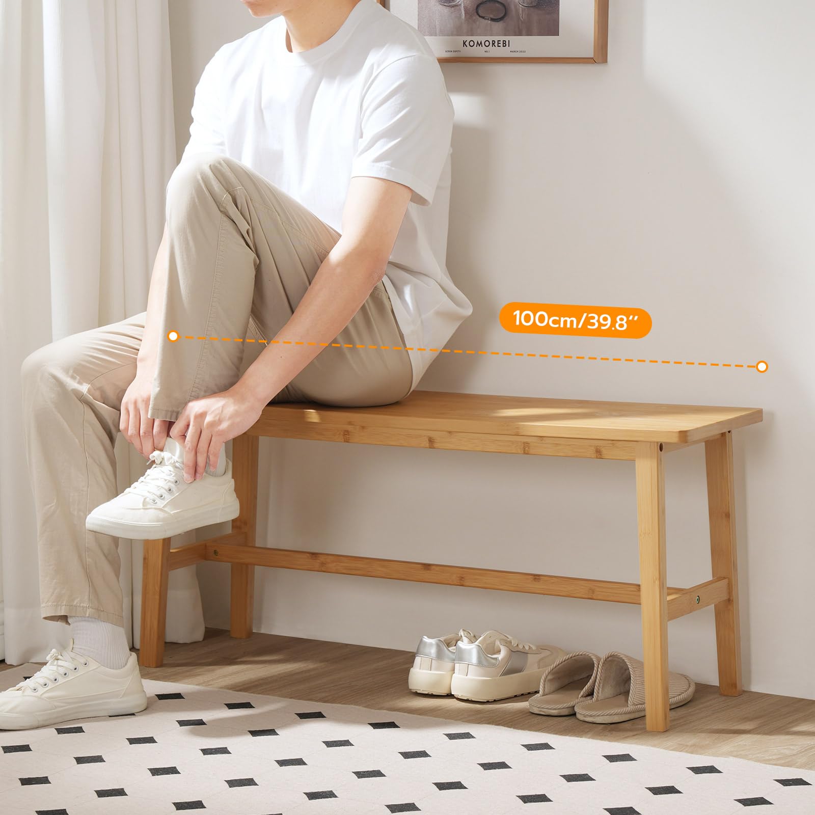 HOOBRO Sitzbank aus Bambus, Holzbank für Esszimmer, Schlafzimmer, Badezimmer oder Küche, Einfach zu Montieren, Robust und Stabil, 100 x 30 x 45,5 cm, Holzfarbe EYL03CD01G2