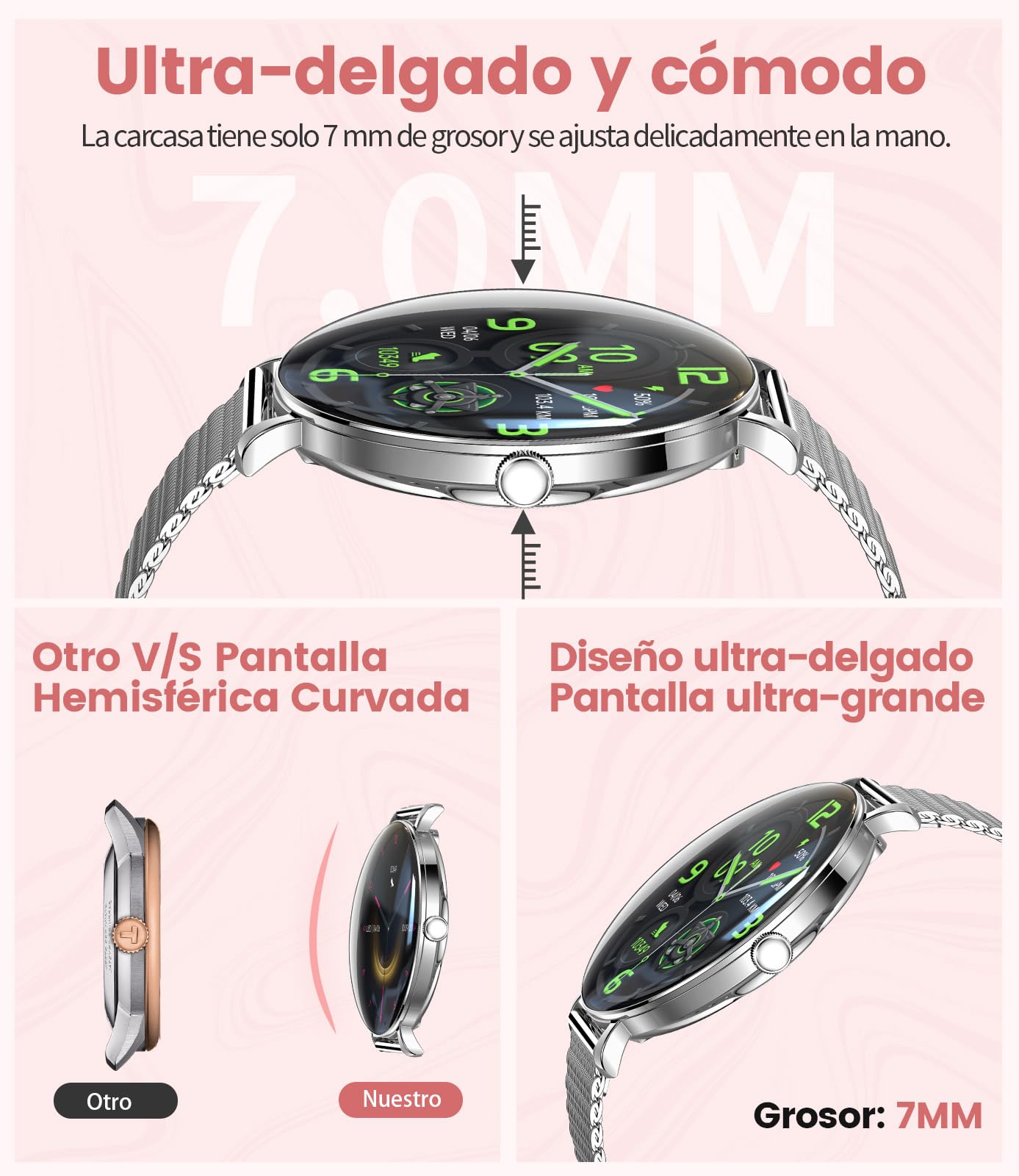 SUNKTA Reloj Inteligente Mujer Ligero con Pantalla Curva AMOLED Ultra Fina Bluetooth Llamadas IP68 Impermeable Podómetro/Frecuencia Cardíaca 100+ Modos Deportivos Elegante Smartwatch para Android iOS