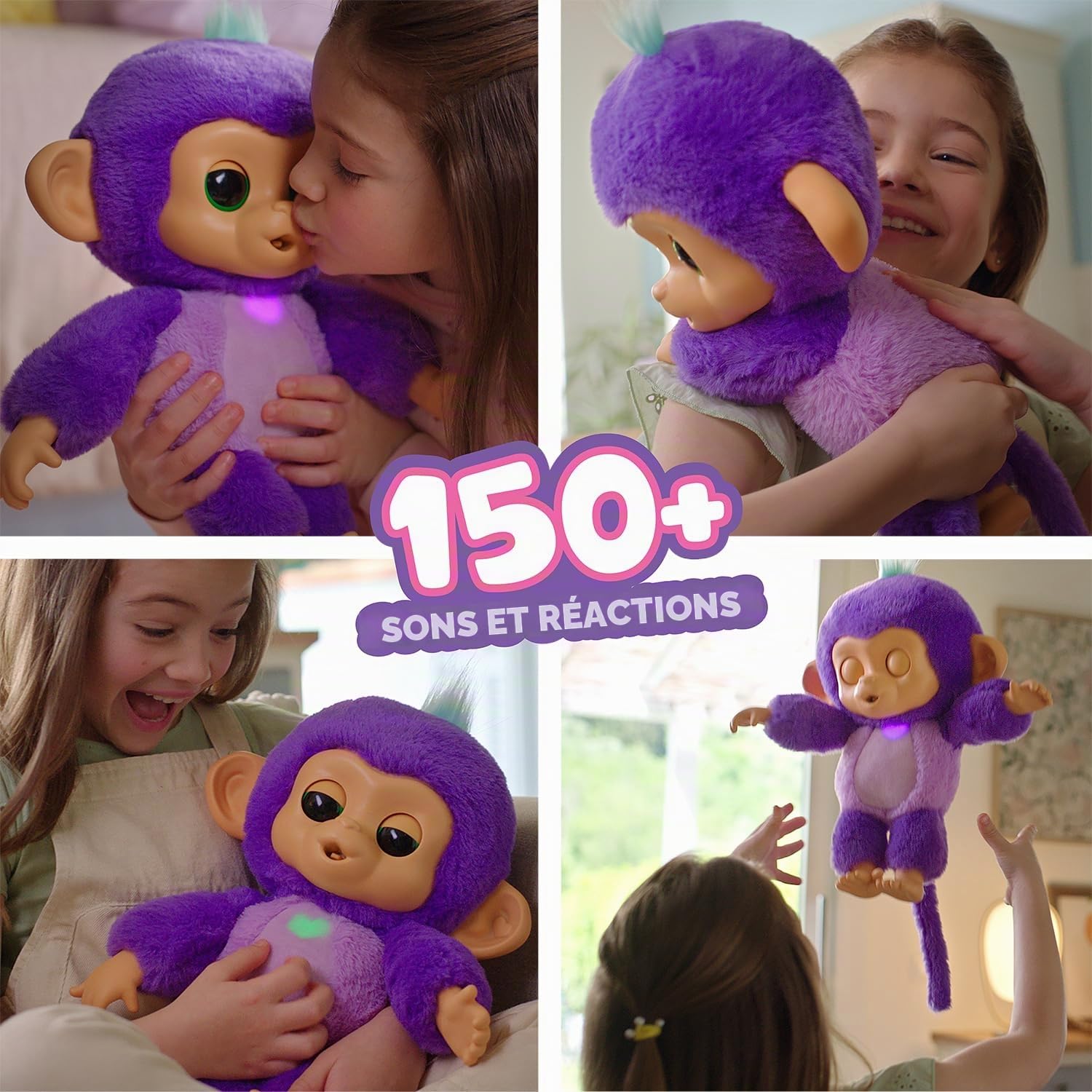 Fingerlings Care 'n' Cuddles Bébé Singe interactif, Sunny (Violet), Jouets pour Enfants de 3 Ans, Plus de 150 Sons et réactions, cœur Lumineux