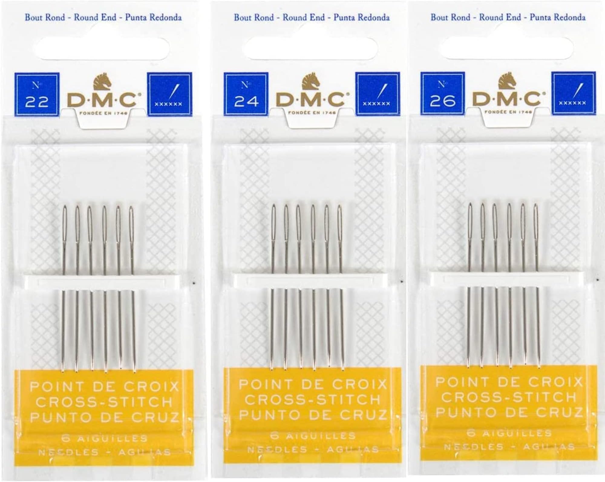 3 Pack Size 22-24-26 (One Pack Each)-Cross Stitch Needles - Total 18 Needles - New Package