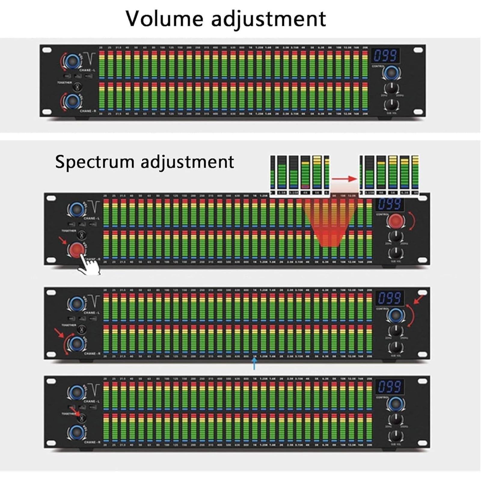 31-pasmowy korektor cyfrowy, analizator widma audio ze światłem wyświetlacza, 10 wstępnie ustawionych efektów i impedancji wyjściowej linii: 20Hz-20kHz i niski/średni/wysoki/wysoki, niezależna