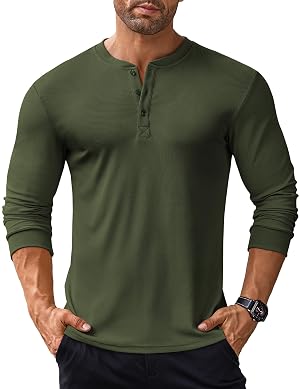 COOFANDY Mens Long Sleeve Henley Shirts Stretch Ribbed T-Shirts Fashion Casual Basic Tops