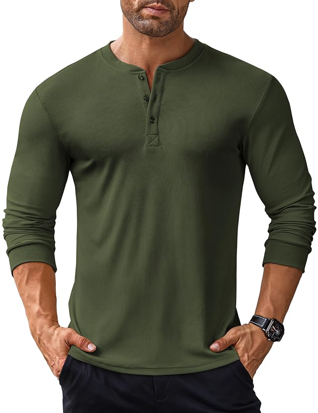 COOFANDY Mens Long Sleeve Henley Shirts Stretch Ribbed T-Shirts Fashion Casual Basic Tops