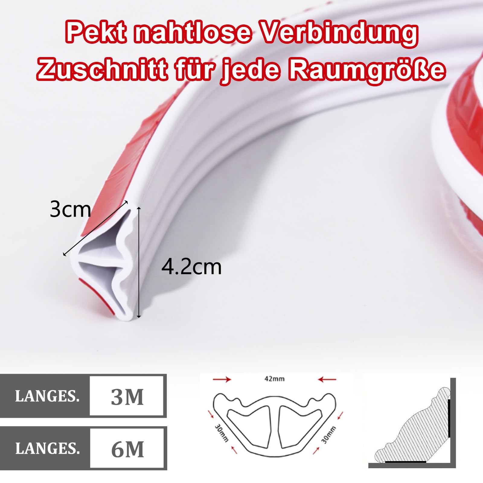 8 meter Flexibele Zelfklevende Sierlijst, TPE Kwart Ronde Trim, Driehoekige Plafondlijsten, Wanddecoratielijsten, Vloer Randstrip voor Tegelranden, Muur Hoek, Plinten, Vloeren, Kasten (Wit