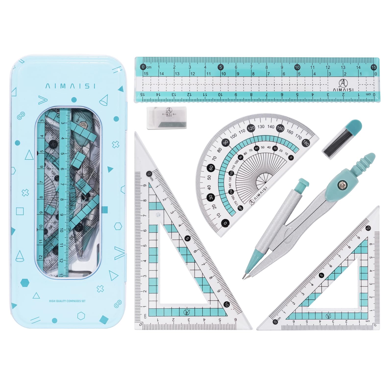 Conjunto de geometría para estudiantes, transportador y compás de matemáticas con reglas, caja de kit de transportador para suministros escolares y de clase, azul claro, 7 piezas.