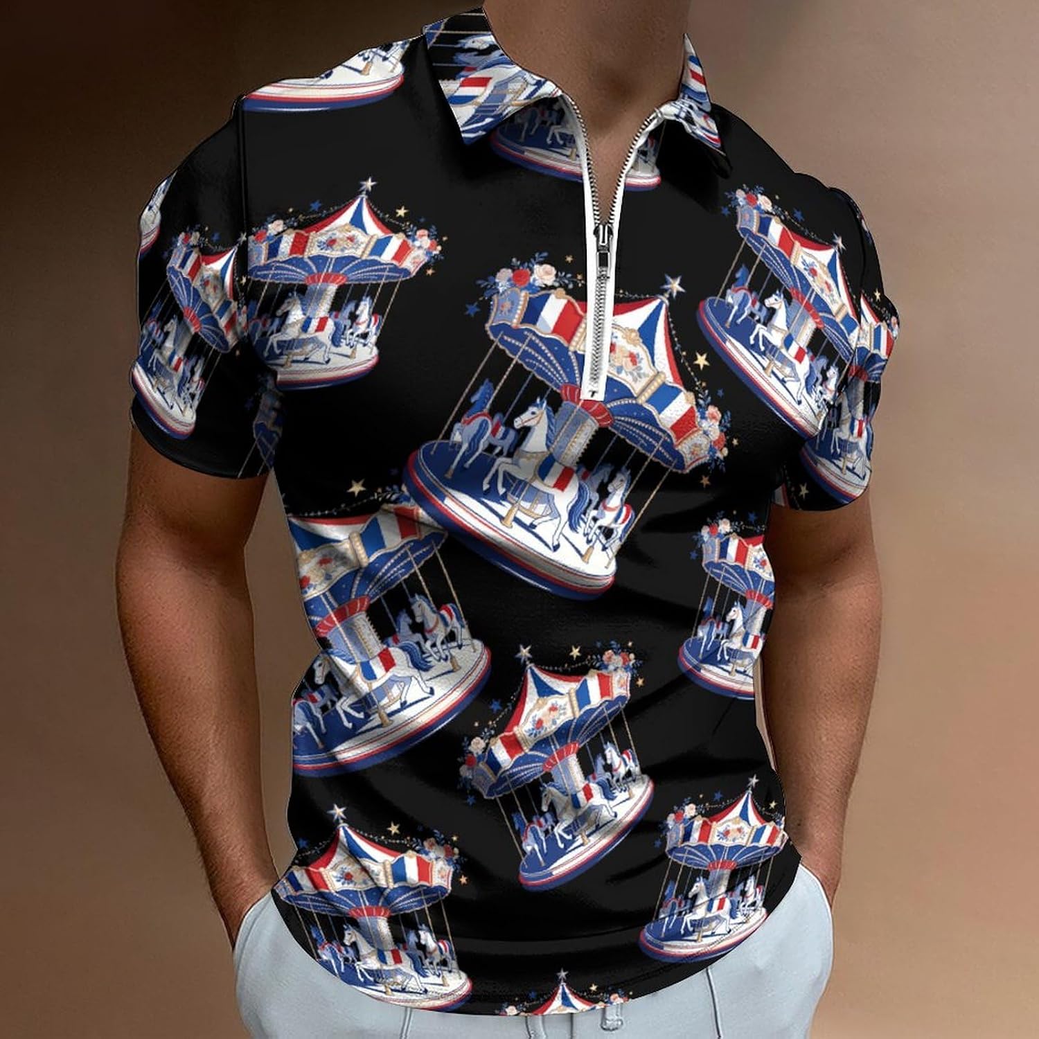 French Carousel Polo Shirts for Men Short Sleeve Athletic Golf Tees Tops | Casual Summer Zippered V Neck Mens T-shirts Sports Quick Dry Tennis