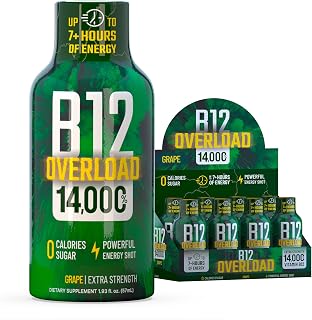 B12 Overload Extra Strength Energy Shot – Grape – 260mg Caffeine, 14000% B12, Electrolytes – Energy & Vitality Support – Zero Sugar No Calories – Vegan, Kosher, Gluten-Free – 1.93 fl oz, 8-Pack