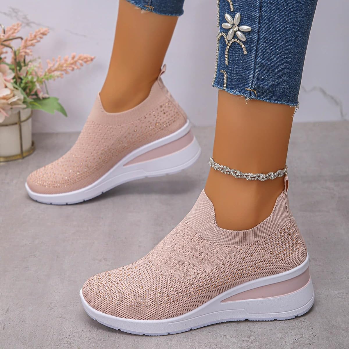 Tenis de cuña transpirables con diamantes de imitación brillantes para mujer, de malla, sin cordones, con plataforma de cuña ortopédica, brillantes para boda, zapatos de tenis de punto para novia