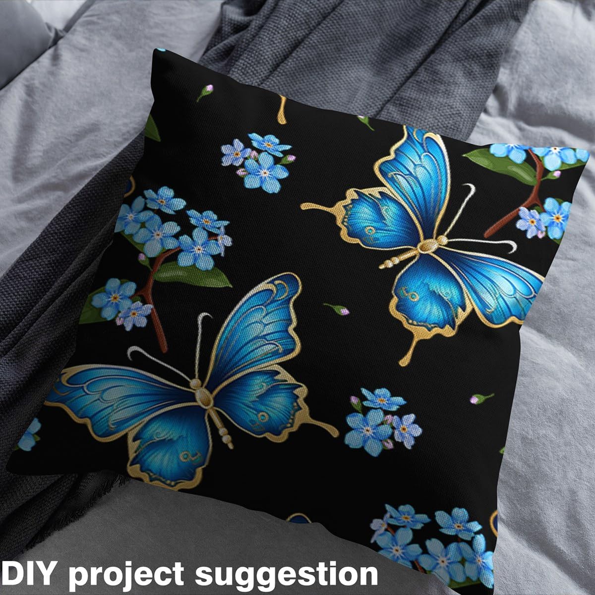 Erosebridal Butterfly Fabric, Blue Flowers Upholstery, Watercolor Butterfly Floral Decorative, Botanical Branches DIY Indoor Outdoor for Quilting, 5 Yards, Black