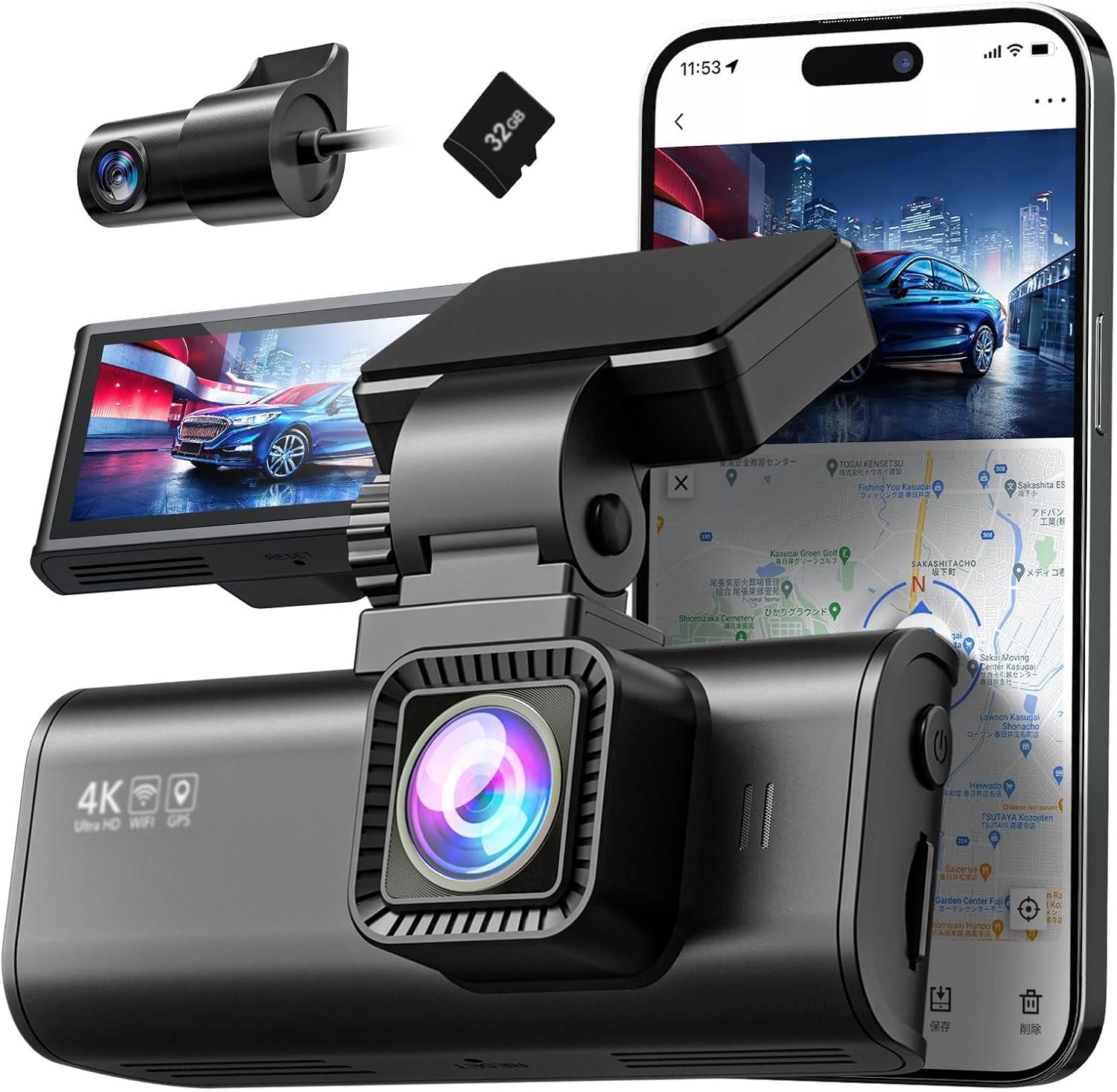 ドライブレコーダー 前後カメラ 4K UHD 800万画素 GPS WIFI搭載 IMX415センサー WDR搭載 3.16インチ小型 ドラレコ 駐車監視 ノイズ/LED信号機対策済 Gセンサー 衝撃感知 防水バックカメラ 超広角 どらいぶれこーだー 32GBカード同梱 日本語説明書