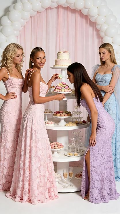 Floral Lace Bridesmaid Dresses for Women Spaghetti Straps Prom Gown Spring Cowl Neck Long Simple Wedding Dress