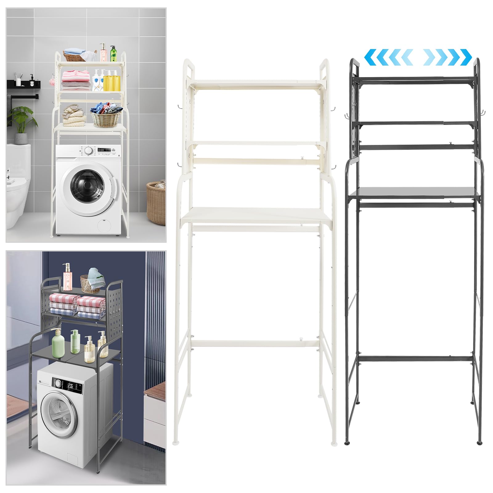 Scaffale per lavatrice, lunghezza allungabile, 3 ripiani, mensola sopra la lavatrice, scaffale per WC regolabile in altezza (bianco)