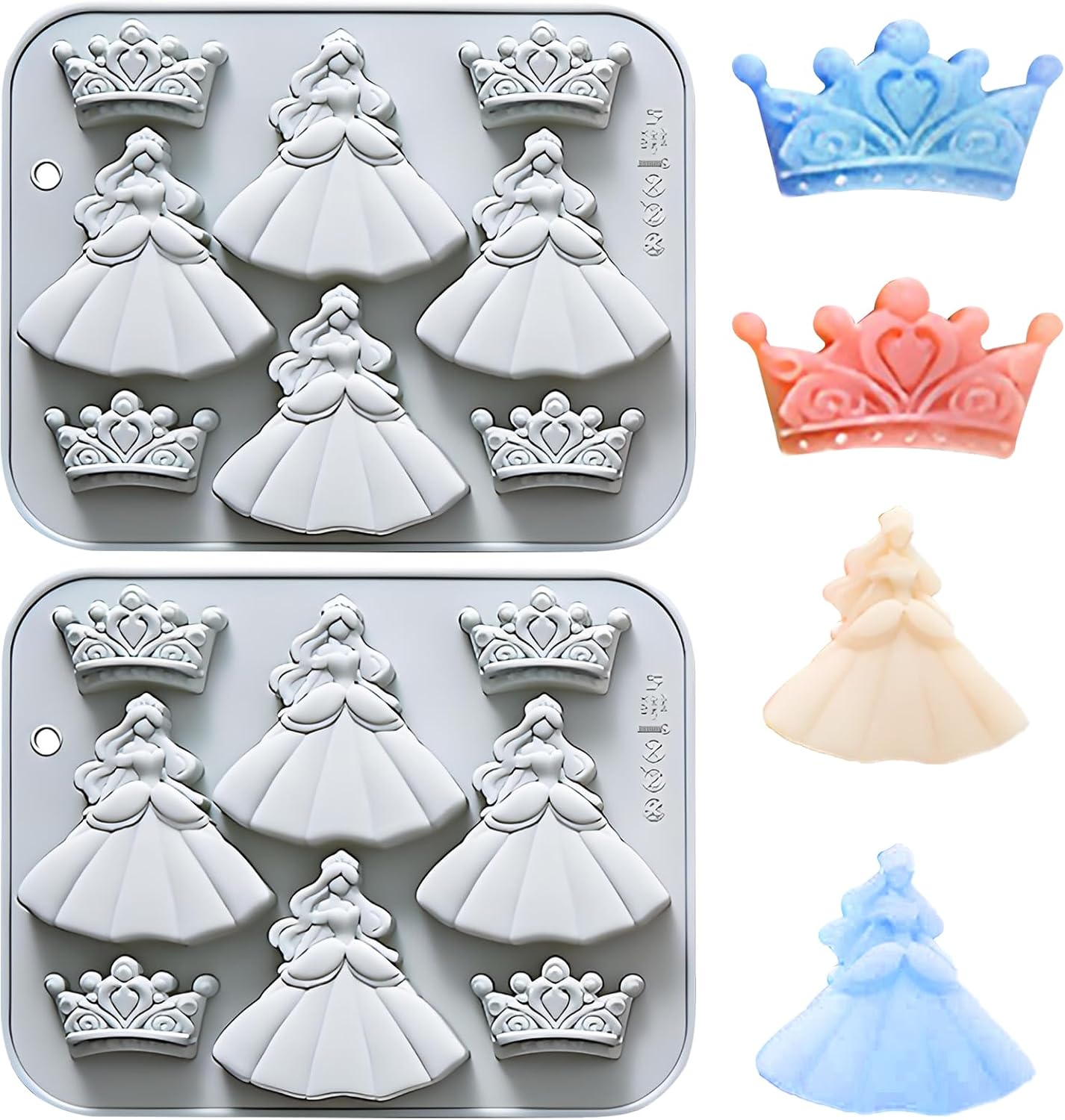 3D Silicone Crown Fondant Molds, 2 Pcs Princess-style Crown and Dress Shaped Baking Molds for Chocolate, Candy, Cookie, Jelly, Cupcake Topper, 7.13 x 5.63 Inches