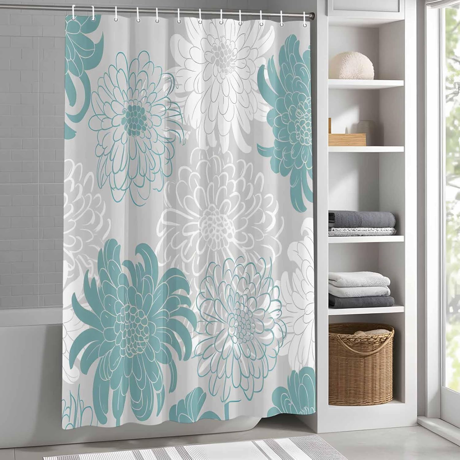 Shower Curtain Waterproof Polyester Fabric Shower Curtain Set with Hooks, Abstract Floral Dahlia Cyan White and Grey Privacy Shower Curtains for Bathroom Showers, Stalls and Bathtubs, 72x72 Inches