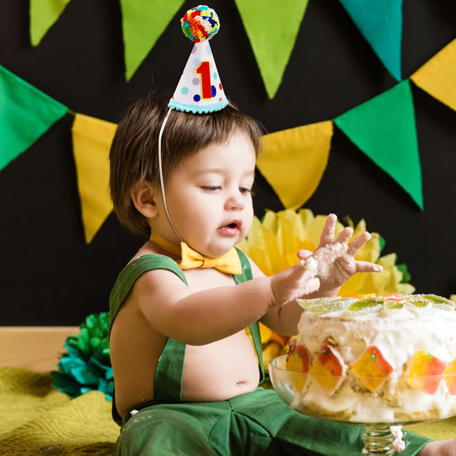 Chanaco 1st Birthday Hat, First Birthday Decoration, Birthday Hat with Colored Fur Balls Topper, One Year Old Birthday Conical Cap for Party Favors