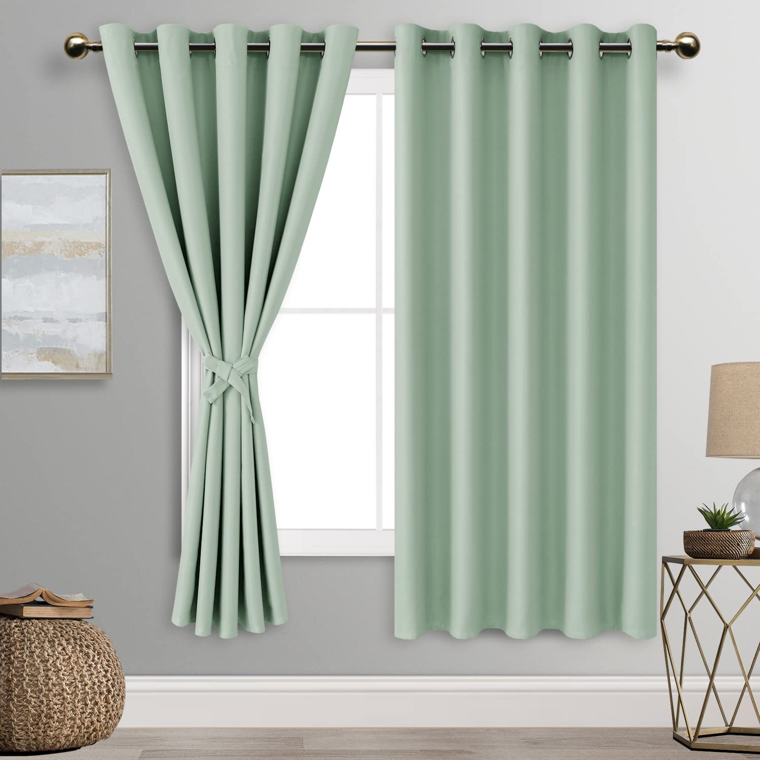 DWCN Blackout Curtains for Bedroom with Tiebacks - Room Darkening Privacy Grommet Top Window Curtains for Living Room, 60 x 63 inch Length Seafoam Green Set of 2 Panels