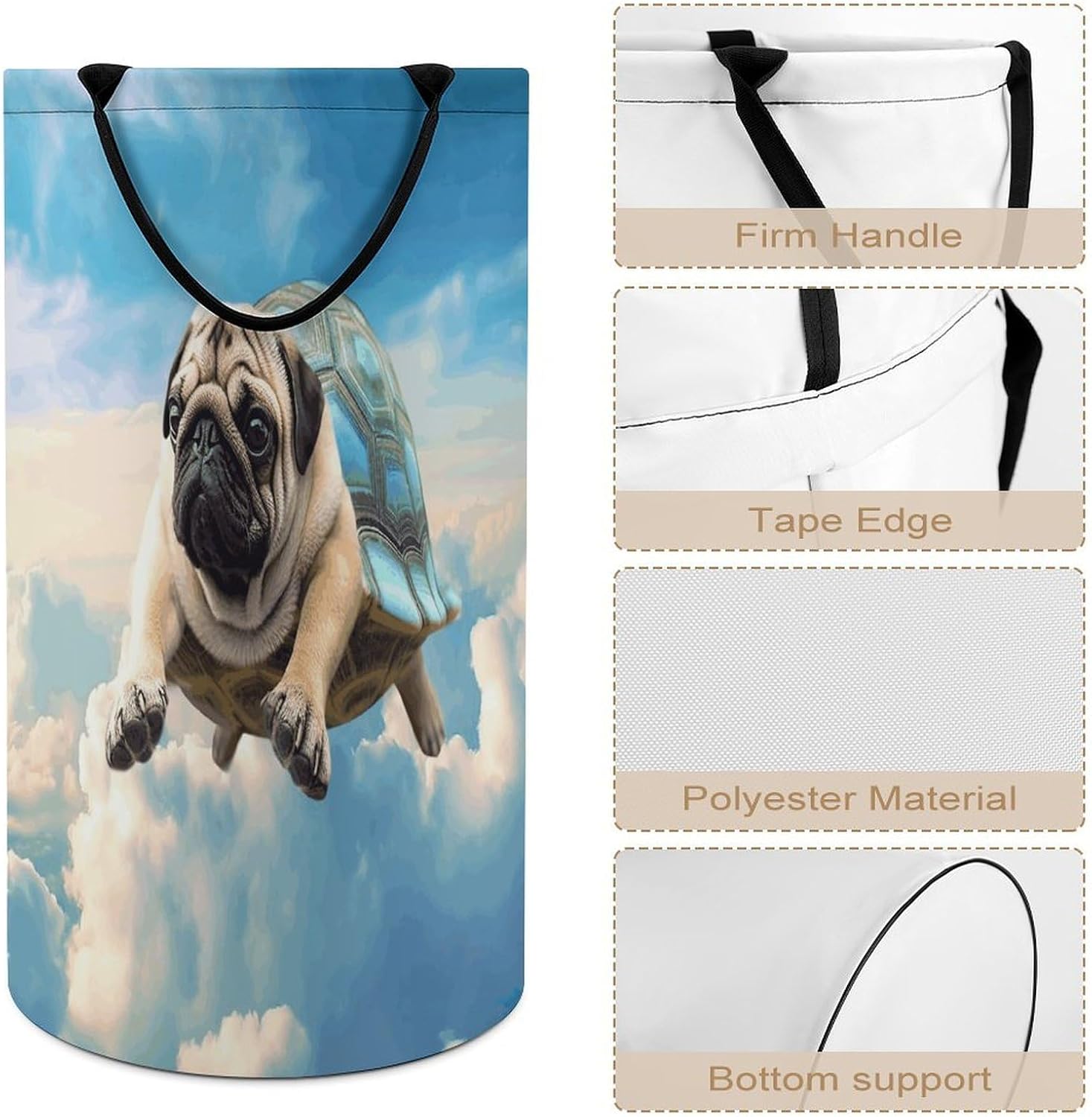 Funny Turtle Pug Dog in The Sky Laundry Basket 86L Laundry Hamper | Collapsible Clothes Hamper with Reinforced Handles Waterproof Tall Foldable Dirty Clothes Basket for Hotel, Home, Closet