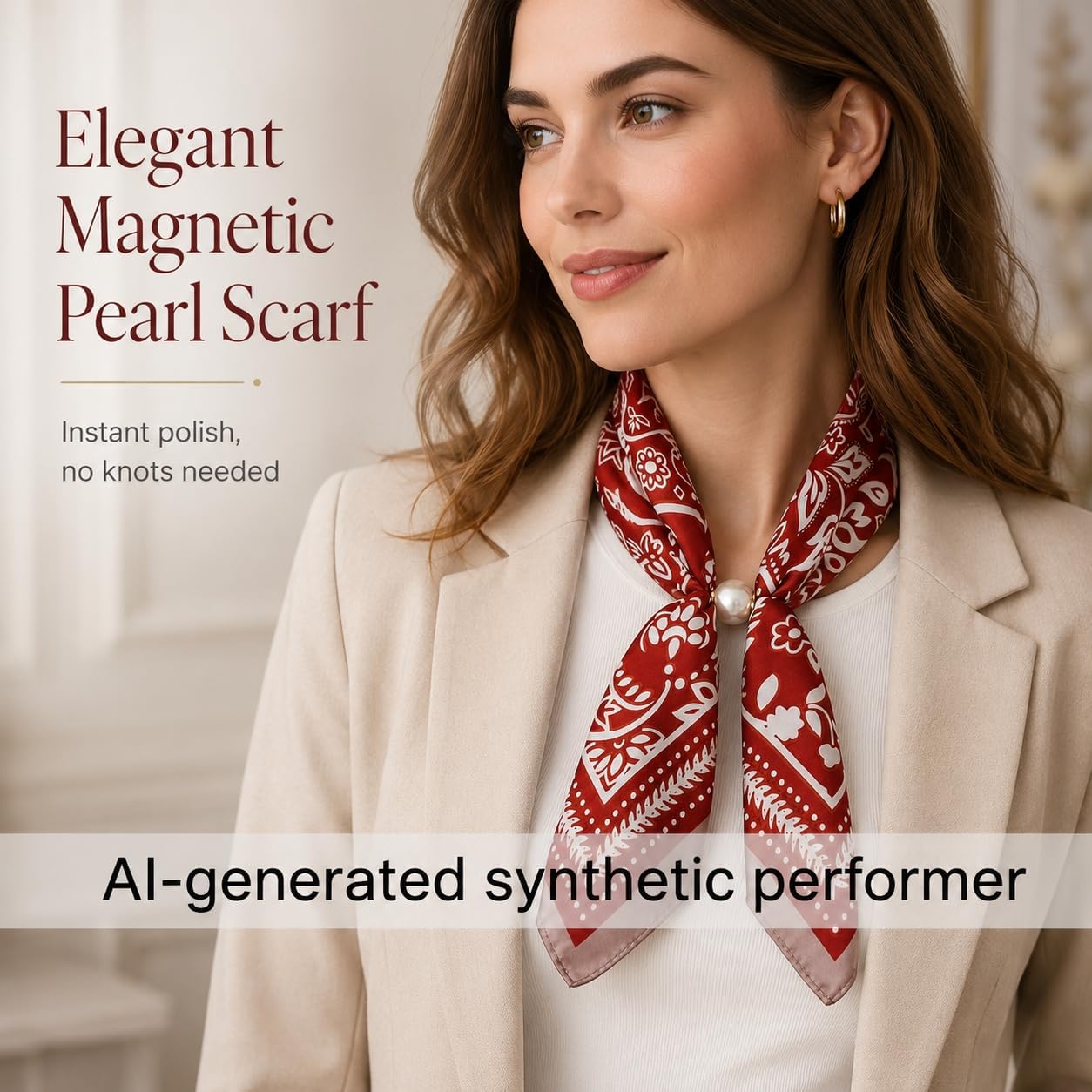 Satin Scarf for Women Magnetic Faux Pearl Buckle Silk Neck scarf necklace image 2