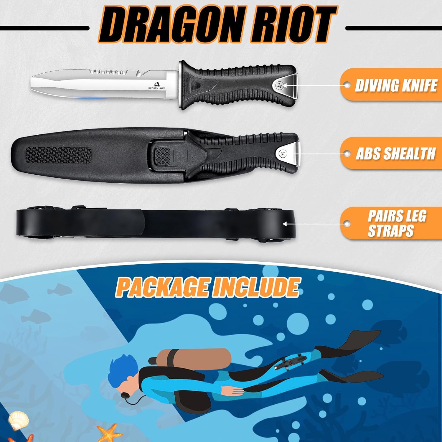 DRAGON RIOT Dive Knife with Sheath & Leg Straps Saltwater, Ultra Sharp Diving Knife with Knife Holster, Double Edged Scuba Knife for Snorkeling, Spearfishing, Diving