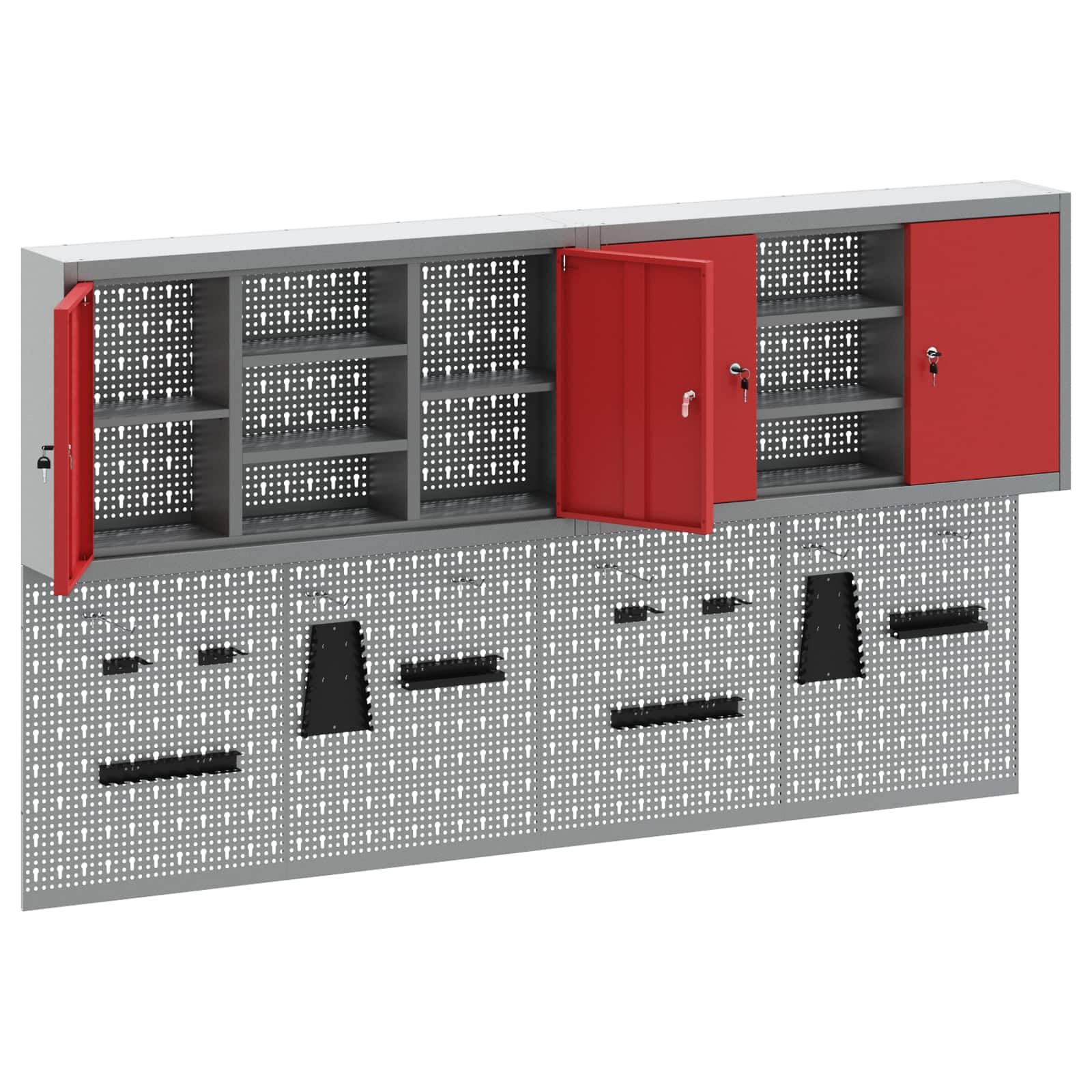 Szafa narzędziowa zestaw 6 szt. czerwonych ze stali malowanej proszkowo, montowana na ścianie, z płytkami perforowanymi i metalowymi półkami, 200 x 20 x 115 cm, do warsztatu, garażu i