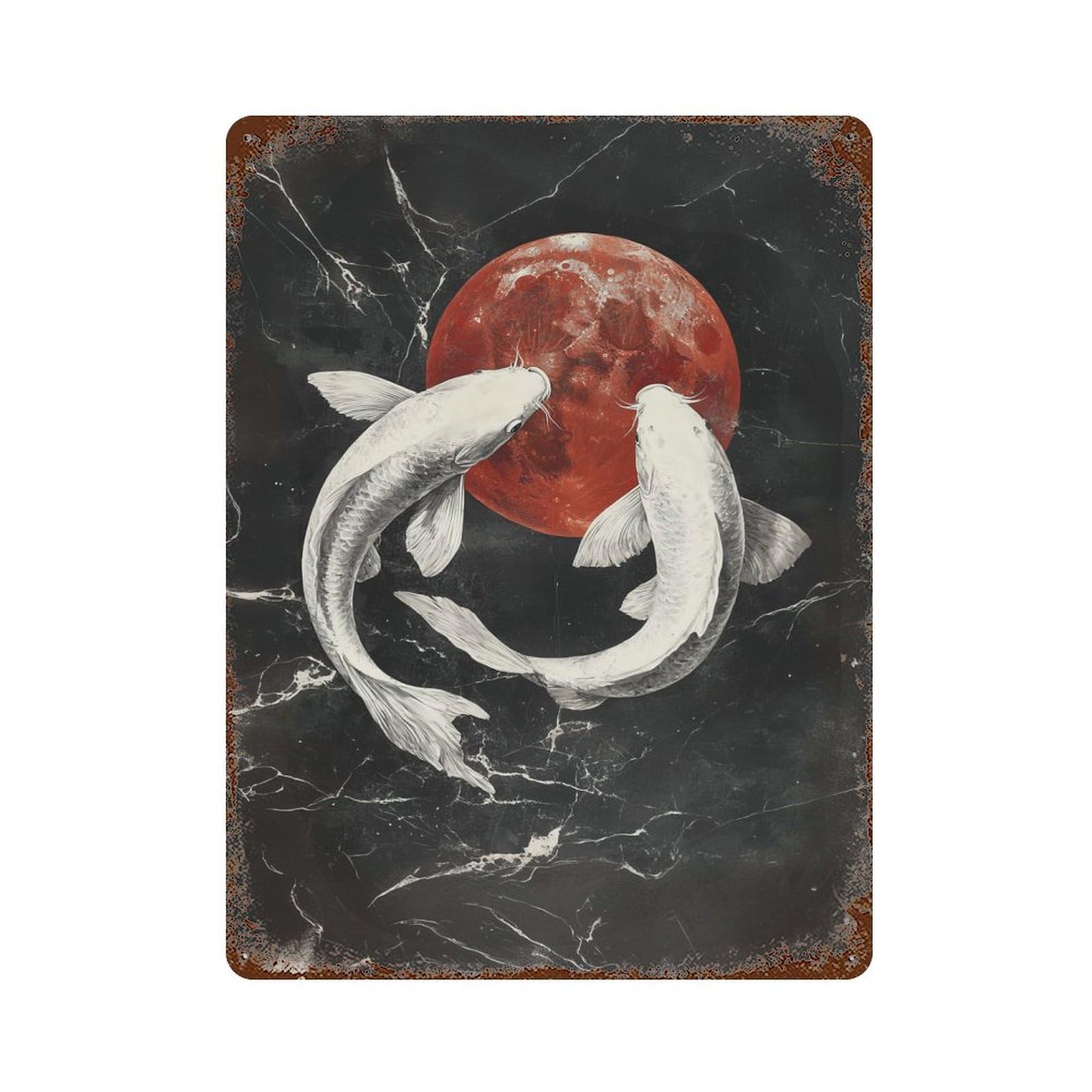 Koi Fish And Blood Moon 15.7"x11.8" Rusty Metal Tin Sign, Novelty Wall Decor for Cafe, Home Bar And Lounge Decor