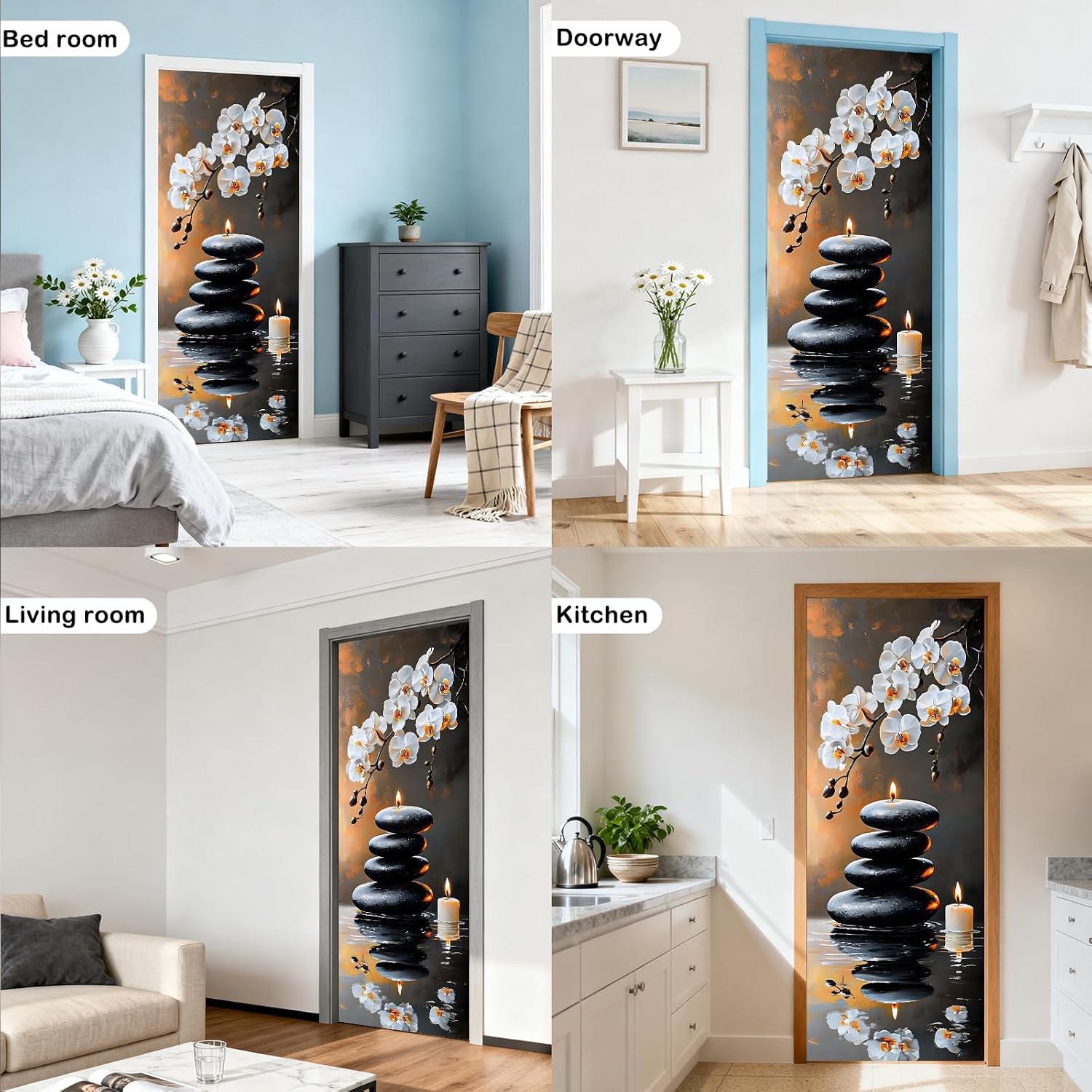 Nuxovilar Peel and Stick Door Stickers & Covers Decorative PVC 30.3x78.7 Inches Decal for Yoga Space Meditation Room Bedroom (White Orchid Zen Stone Candle)