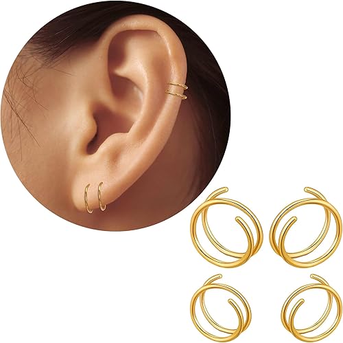 2 Pairs Double Hoop Earrings, Gold Cartilage Earrings for Women, Small Silver Helix Piercing Jewelry,Spiral Nose Ring Tiny Twist Earrings as Gift