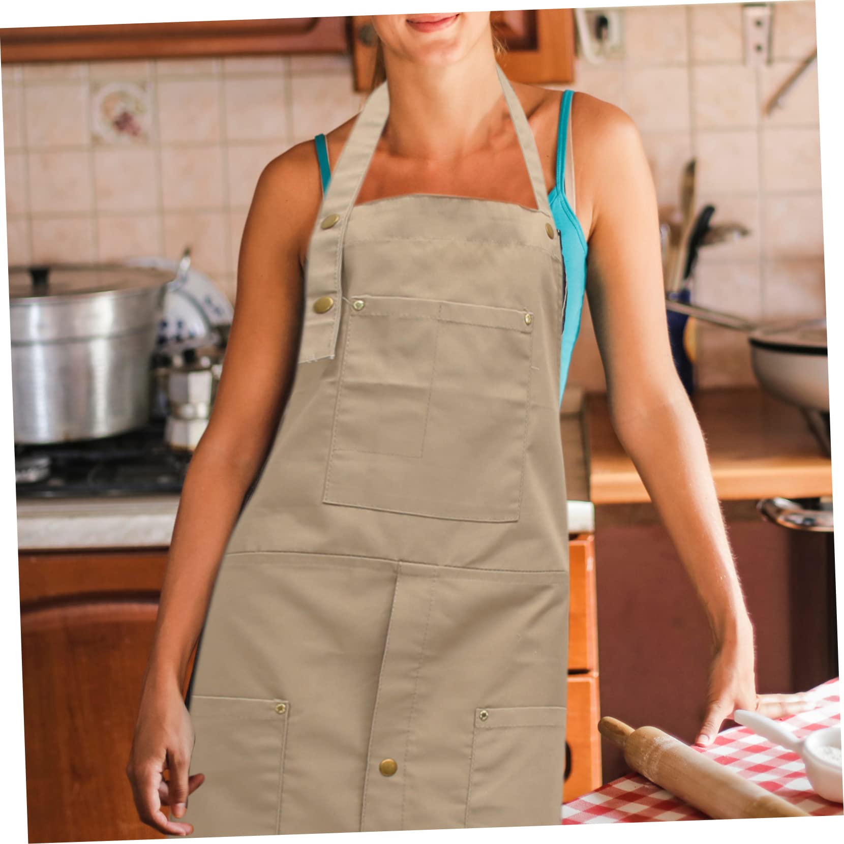 FOMIYES Grembiule da Donna in Tela Khaki con Tasche, Resistente All'olio e Comodo da Indossare, per Creazioni Artistiche e Grigliate in Casa