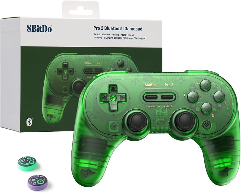 8Bitdo Pro 2 Bluetooth Controller Hall Effect Joystick (Transparent Green) | for Switch/Switch 2, PC, Android, Apple, Steam Deck & Raspberry Pi, 2 Pro Back Paddle Buttons, Wireless Gaming Controller