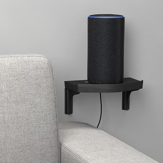 D-Line 1-Shelf Modern Black Wall-Mounted Adjustable Outlet Shelf for Echo Dot, Smart Phones & Tablets