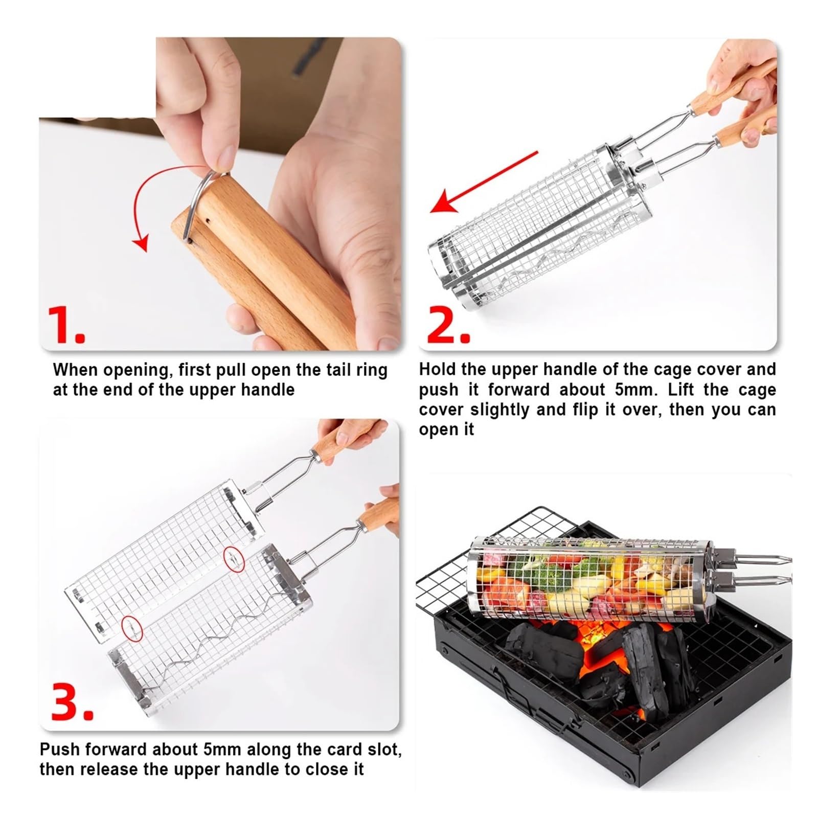 Griglia portatile in acciaio inox per pesce, gamberetti, verdure e patatine fritte, accessorio per barbecue da 50,5 x 9,8 cm, perfetto per grigliate all'aperto e barbecue