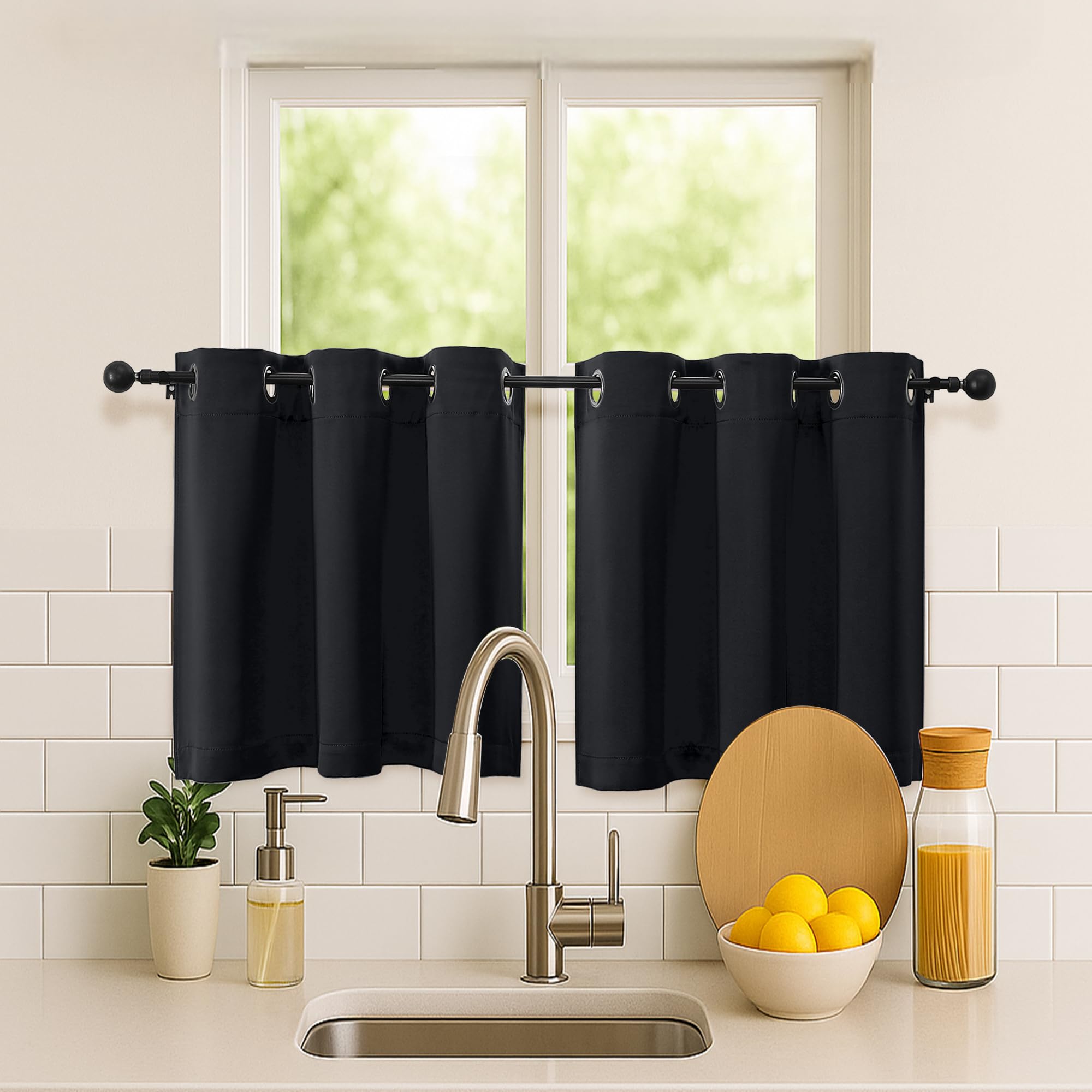 Simplebrand Halloween Black Short Kitchen Curtains 24 Inch Length 2 Panels Set, Small Windows Blackout Curtain for Bathroom, Room Darkening Thermal Insulated Short Drapes, 40 x 24 Inch, Black