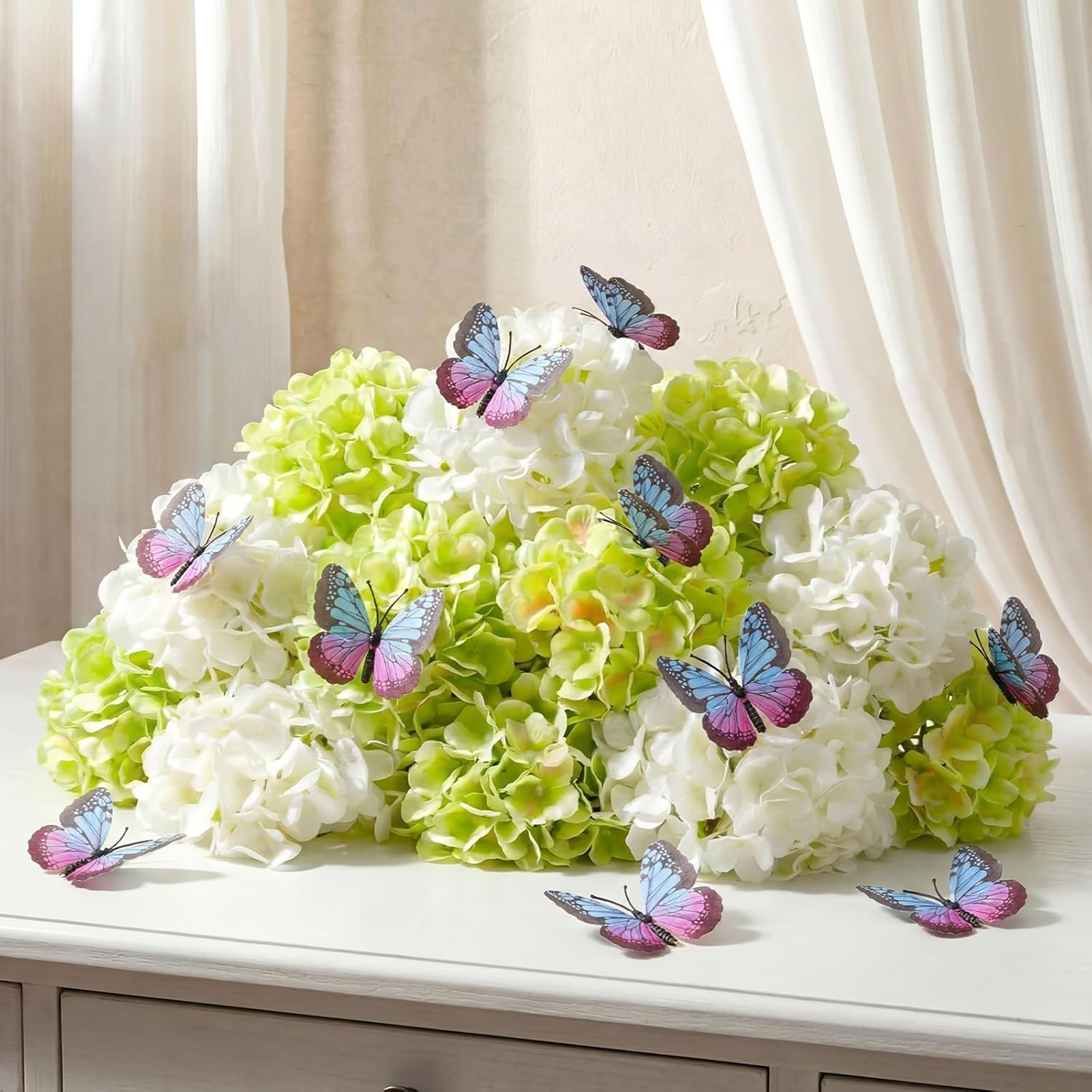 24 Pcs Artificial Green and White Hydrangea Heads Flowers Silk Hydrangea Artificial Flowers with Simulated Butterflies for Bouquet Table Centerpieces Indoor Weddings Party Home Spring Summer Decor