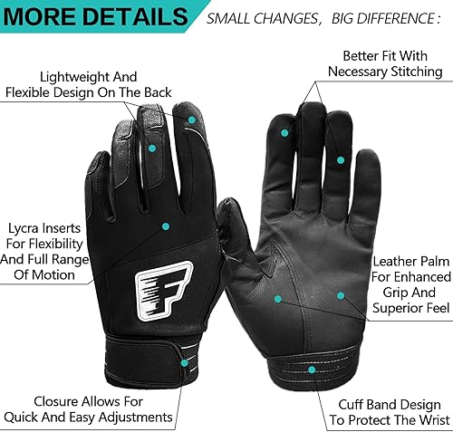 Miniatura 9 de FINGER TEN Guantes de bateo para hombres, jóvenes y adultos, para béisbol, sóftbol, cabretta, guantes de bateo de cuero, 1 par, para hombres y niñas