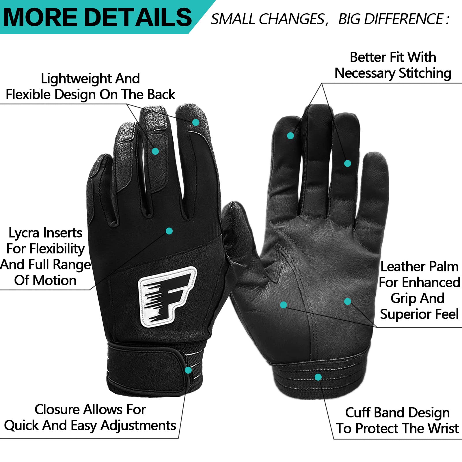 FINGER TEN Guanti da baseball con palmo in pelle super grip per adulti e giovani, guanti da softball, unisex, antiscivolo, impermeabili, flessibili, per allenamento e competizioni