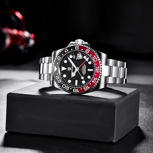 Miniatura 4 de BY BENYAR Pagani Design GMT - Reloj mecánico de cristal de zafiro de lujo, acero inoxidable de 1.575 pulgadas, resistente al agua, reloj automático