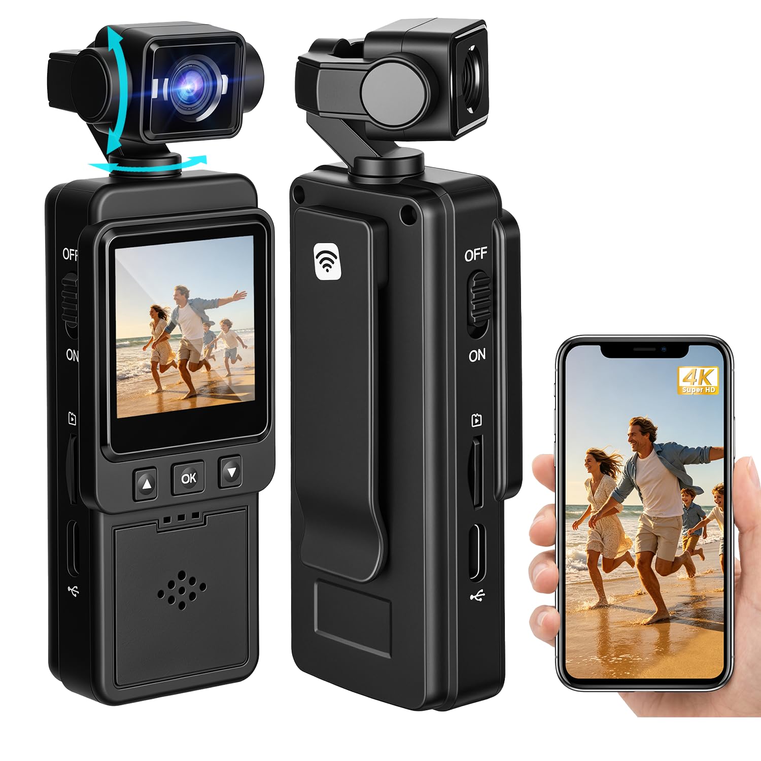 Mini Bodycam 4K, WiFi Fotocamera per Vlog, Videocamera Sportiva, Action Cam Portatile POV Telecamera Lente con Rotazione di 270°, per Fotografia, Youtube, Viaggi