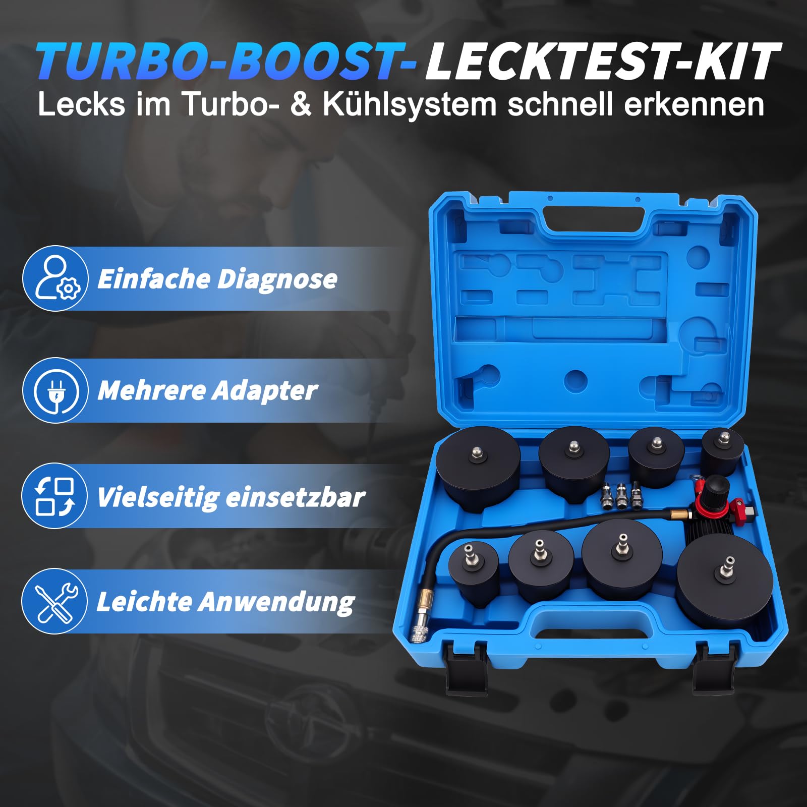 Turbolader Test Set 9 Stück Turbolader Ladeluft System Adaptersatz, Abdrücksatz für Ladeluftkühler, Prüfwerkzeuge für Ladeluftschläuche, Abgasturbolader und Kompressorsysteme