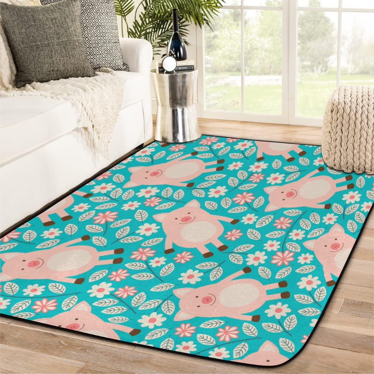 4 x 6 Cartoon Cute Pig Flowers Super Soft Area Rug for Kids Baby Nursery, Kids Girls Nursery Soft Rug Home Decor Rug, Non-Shedding Living Room Bedroom Area Rug