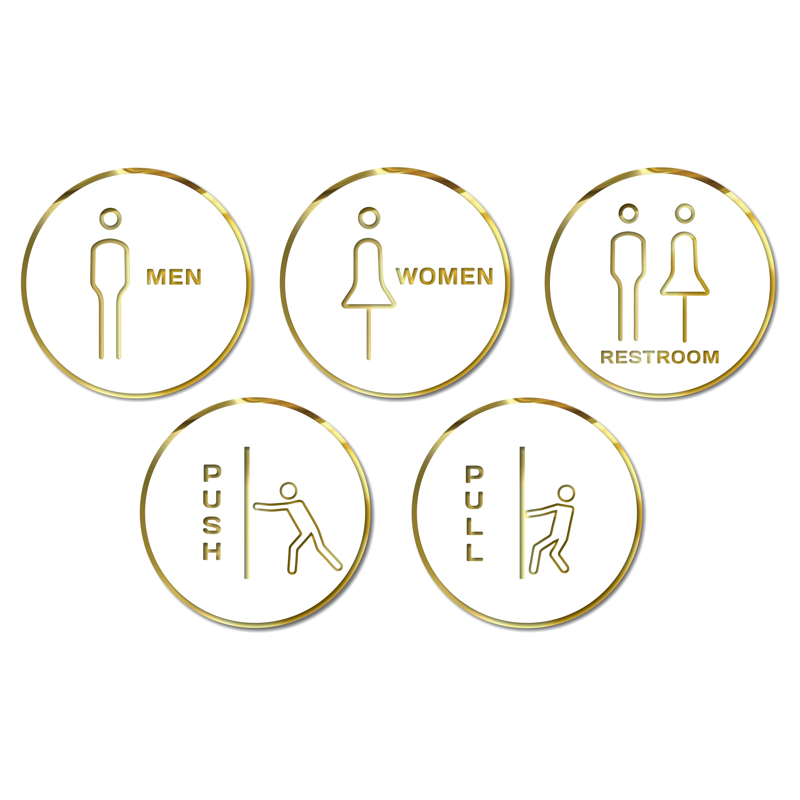 RESTROOM(Toilet) MEN WOMEN PUSH PULL Door Signage/Sticker - Premium White Gold Acrylic Sign.Easy to mount 3M Self-Adhesive Tape.Ideal for Office, Shop, Hotel,Malls,Commercial spaces