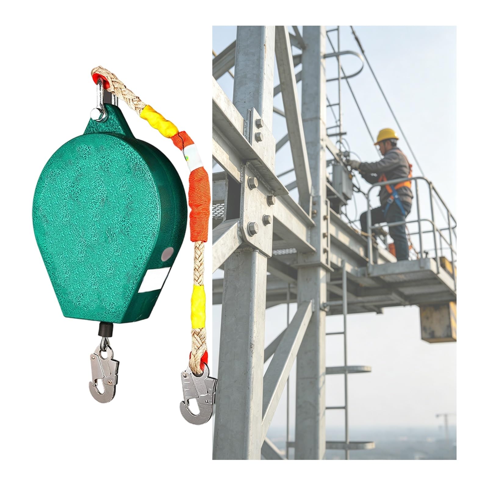 Dispositivo anticaduta retrattile con cavo in acciaio da 330 libbre con doppio freno e gancio girevole(300KG/15M-49.2 FT)