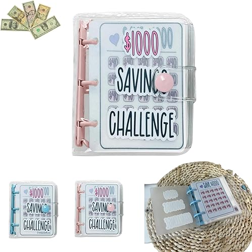 Carpeta de desafío de ahorro de 1000 mini, libro de desafíos de ahorro mensual con sobres, carpeta de presupuesto con sobres para efectivo, rosa