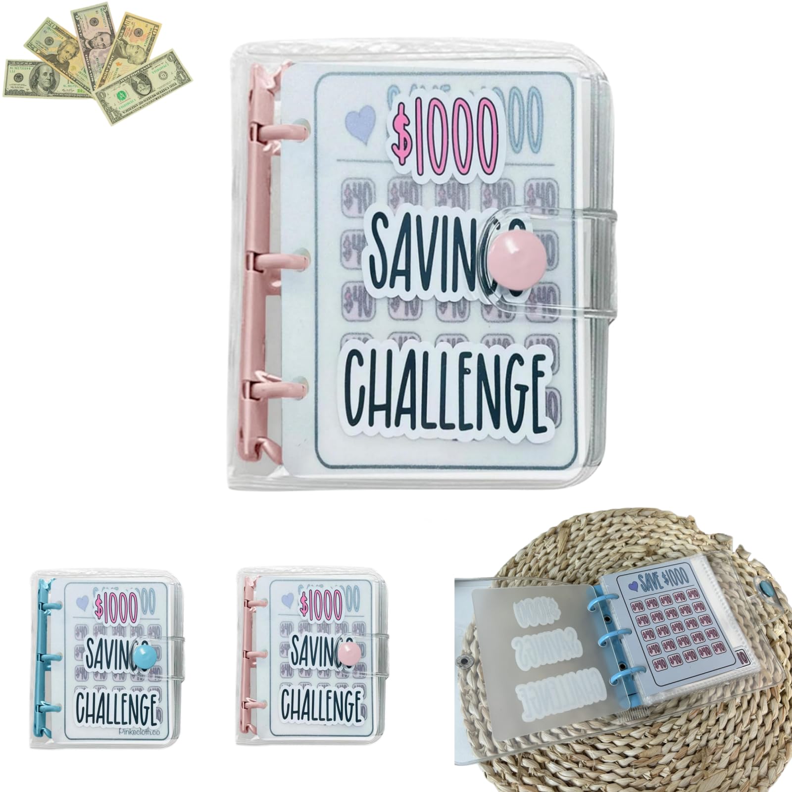 Oanruyan 1000 Mini Binder Savings Challenge Binder,Monthly Money Savings Challenges Book with Envelopes,Budget Binder with Cash Envelopes, Pink