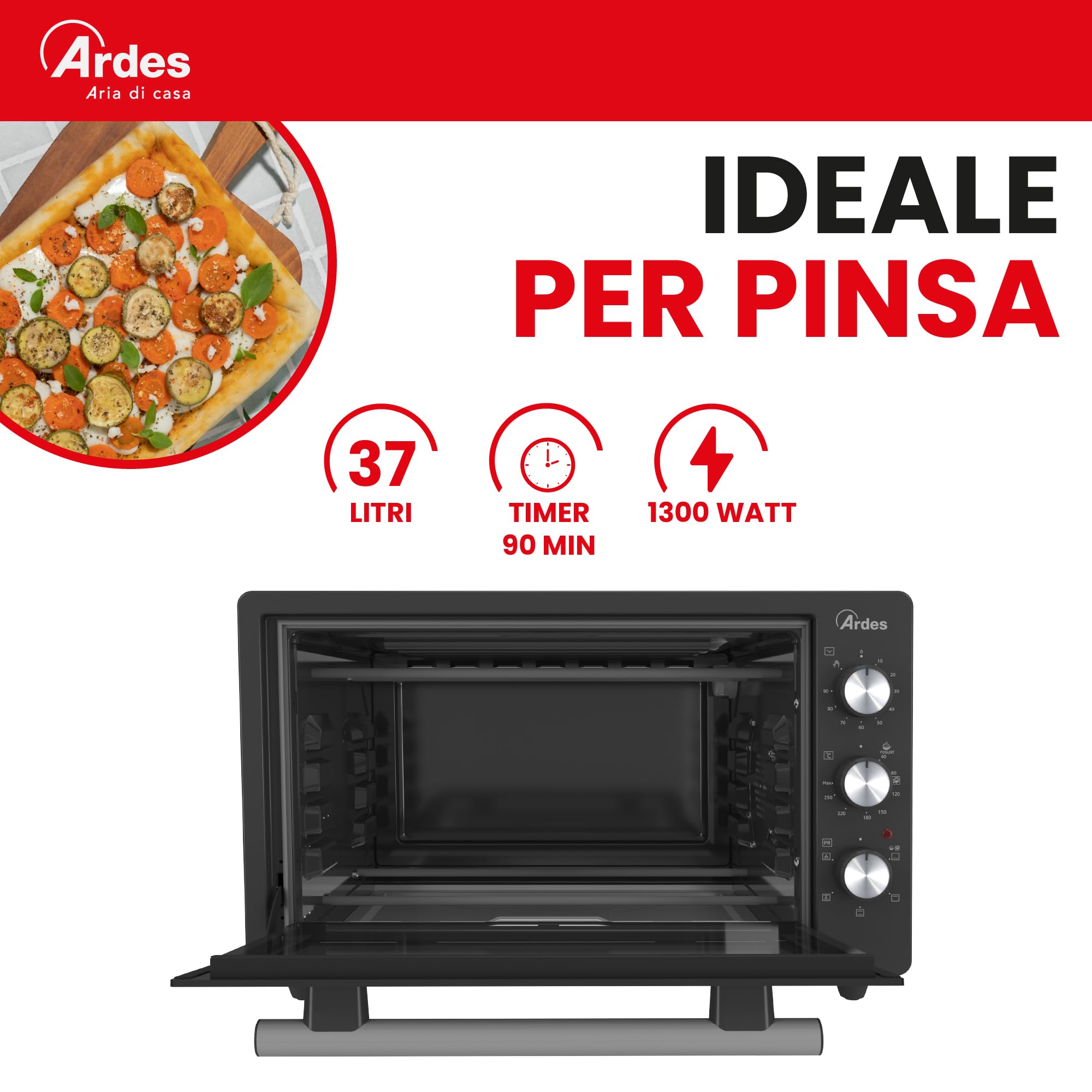 Ardes KRATOS 37L Forno Elettrico Ventilato 37 Litri con 5 Modalità di Cottura, Termostato 40-280°C, Timer 90 Minuti, Luce Interna e Doppio Vetro