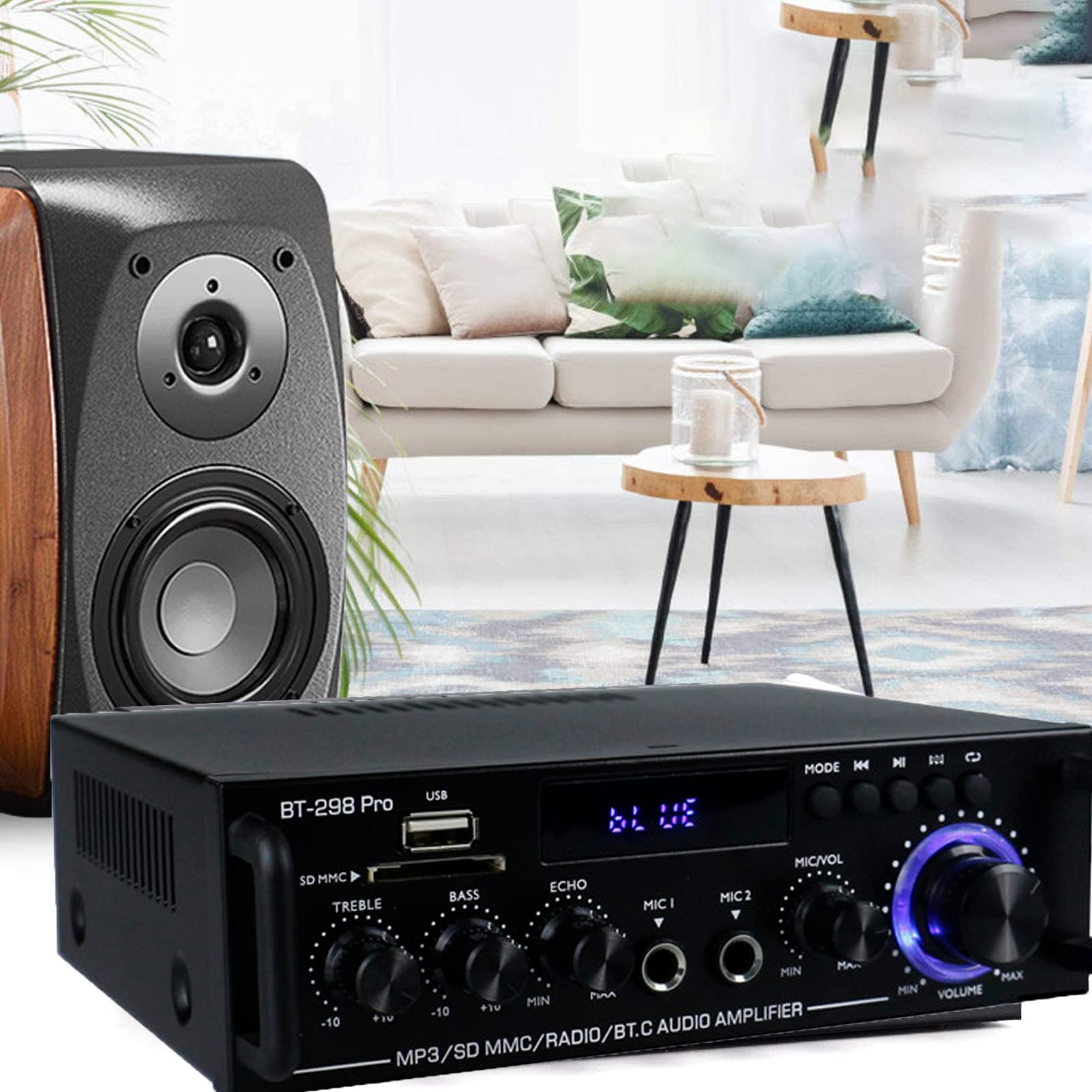 800W Amplificador Audio BT, HiFi Audio Estéreo Amplificador 2CH Pantalla LCD de Alta fidelidad, BT FM Radio Portátil Auto Home 12 V/220V, Mando a Distancia Audio Amplificador