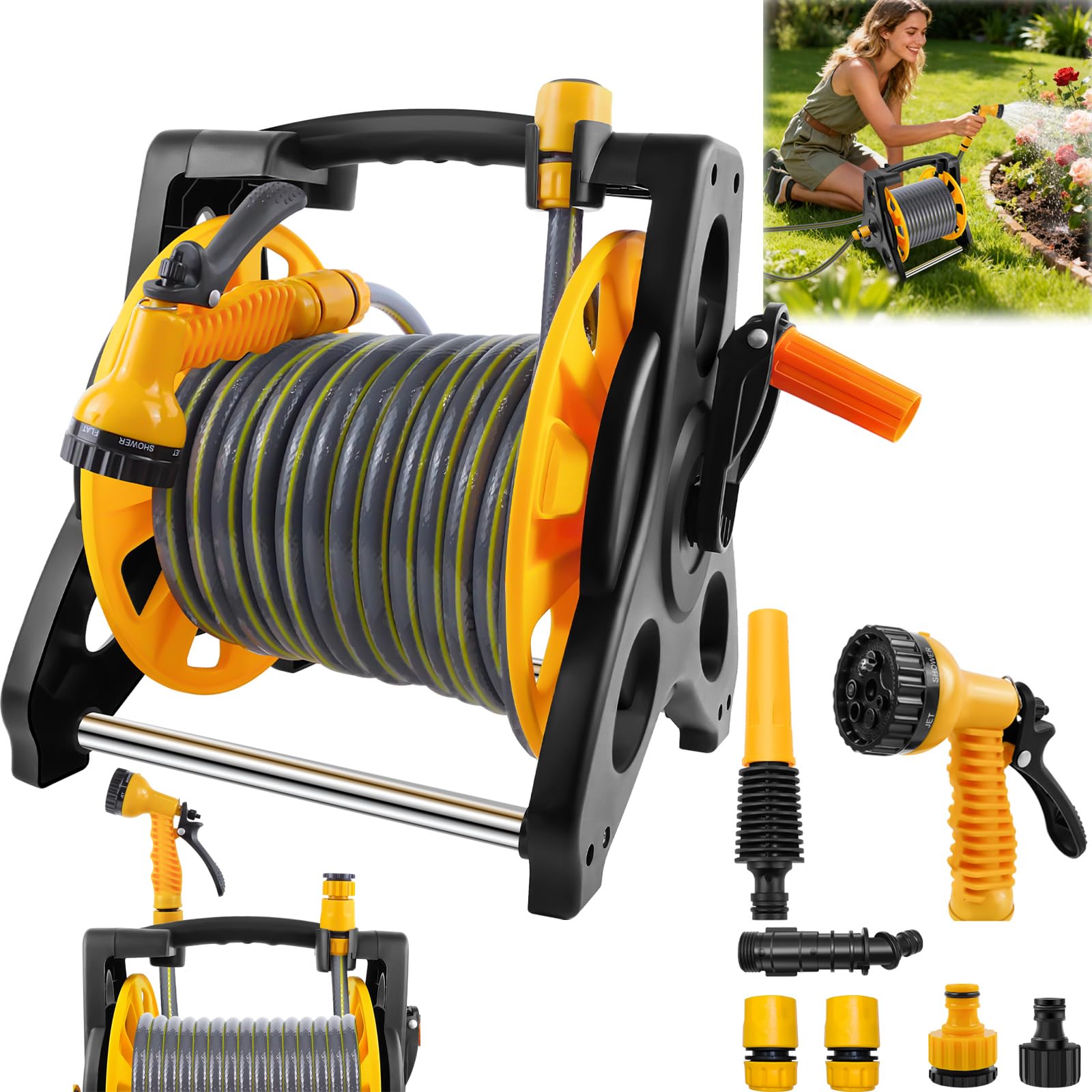Garden Hose Reel with 15M/25M/30M Hosepipe & Adjustable Spray Nozzle Gun, Portable Hose Pipe Reel Retractable and Rewind for Patio & Car Cleaning, Hose Holder Garden Accessories for Lawn Watering