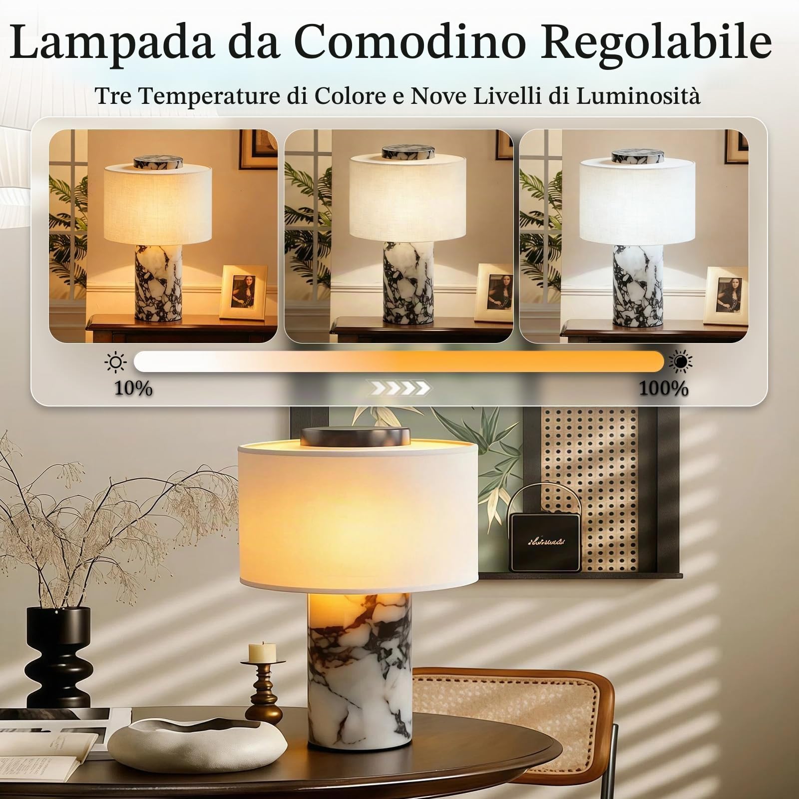 Lampada da tavolo in marmo dimmerabile al tocco, luce notturna in marmo di pietra ricaricabile con paralumi in lino di fascia alta, forma cilindrica per miglioramenti domestici esse #01 Black & White
