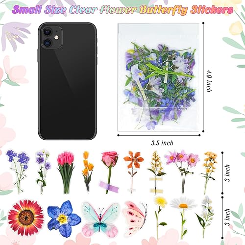 Miniatura 5 de HONGTEYA Juego de 320 calcomanías de mariposa botánica de flores, calcomanías de resina de flores prensadas, calcomanías transparentes estéticas