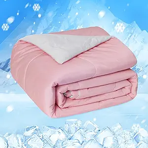 HOMFINE Cooling Comforter Japanese Double-Sided Cold Tech Fabric Cooling Blanket for Night Sweats Hot Sleepers, Q-Max 0.45 Soft Breathable Silky Smooth Lightweight Pink Summer Comforter King